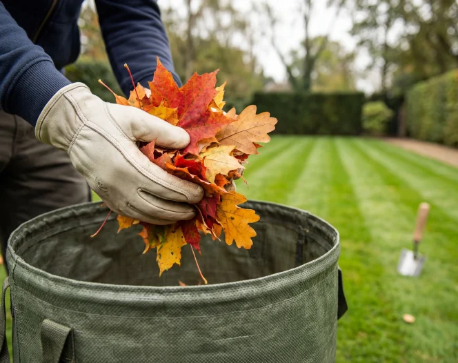 2026 09 10T14 46 33.966663Z gloved hands gathering vibrant autumn leaves into a clean yard bag photo